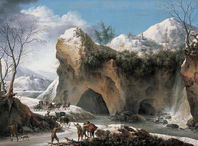 Francesco Francia Paysage montagneux sous la neige avec diligence